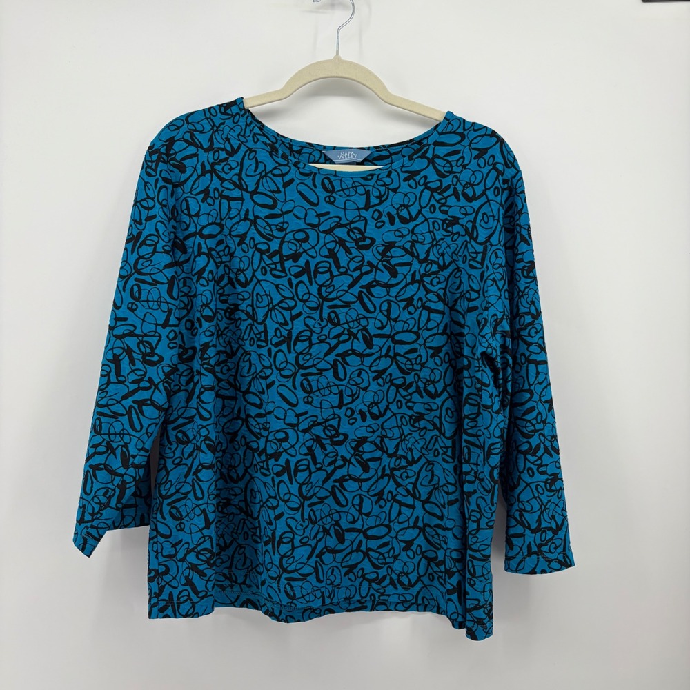 Napa Valley Womens XL Blue Black Abstract Swirl 3/4 Sleeve Scoop Neck Knit Top